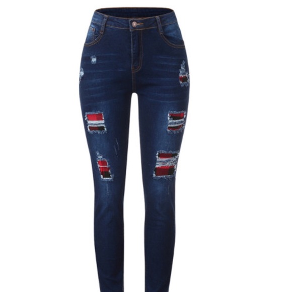 Patchwork Plaid Ripped Jeans - Picture 4 of 7